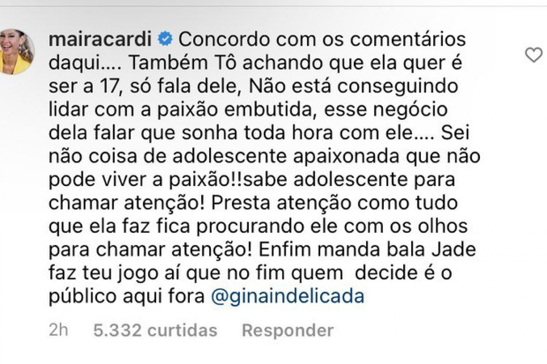 Maíra Cardi fala sobre Jade Picon - reprodução do instagram