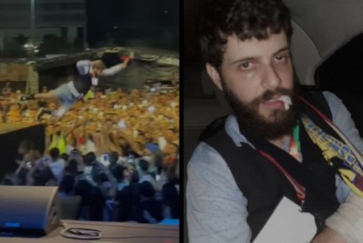 Vídeo! Após pular do palco e ninguém o segurar, Diogo Defante surge todo machucado