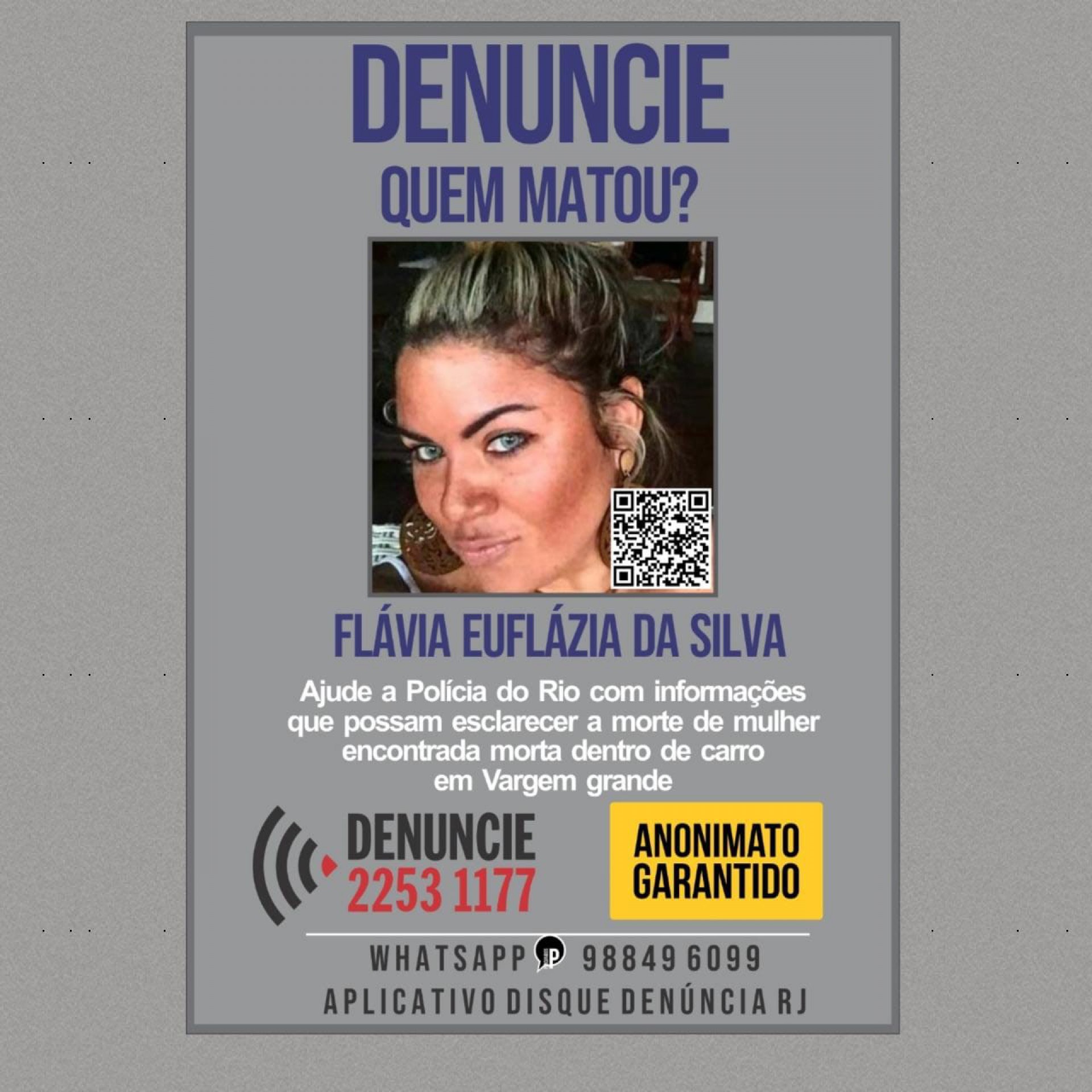 Portal dos Procurados divulga cartaz para encontrar responsáveis pela morte da empresária Flávia Euflázia da Silva  - Divulgação/Portal dos Procurados