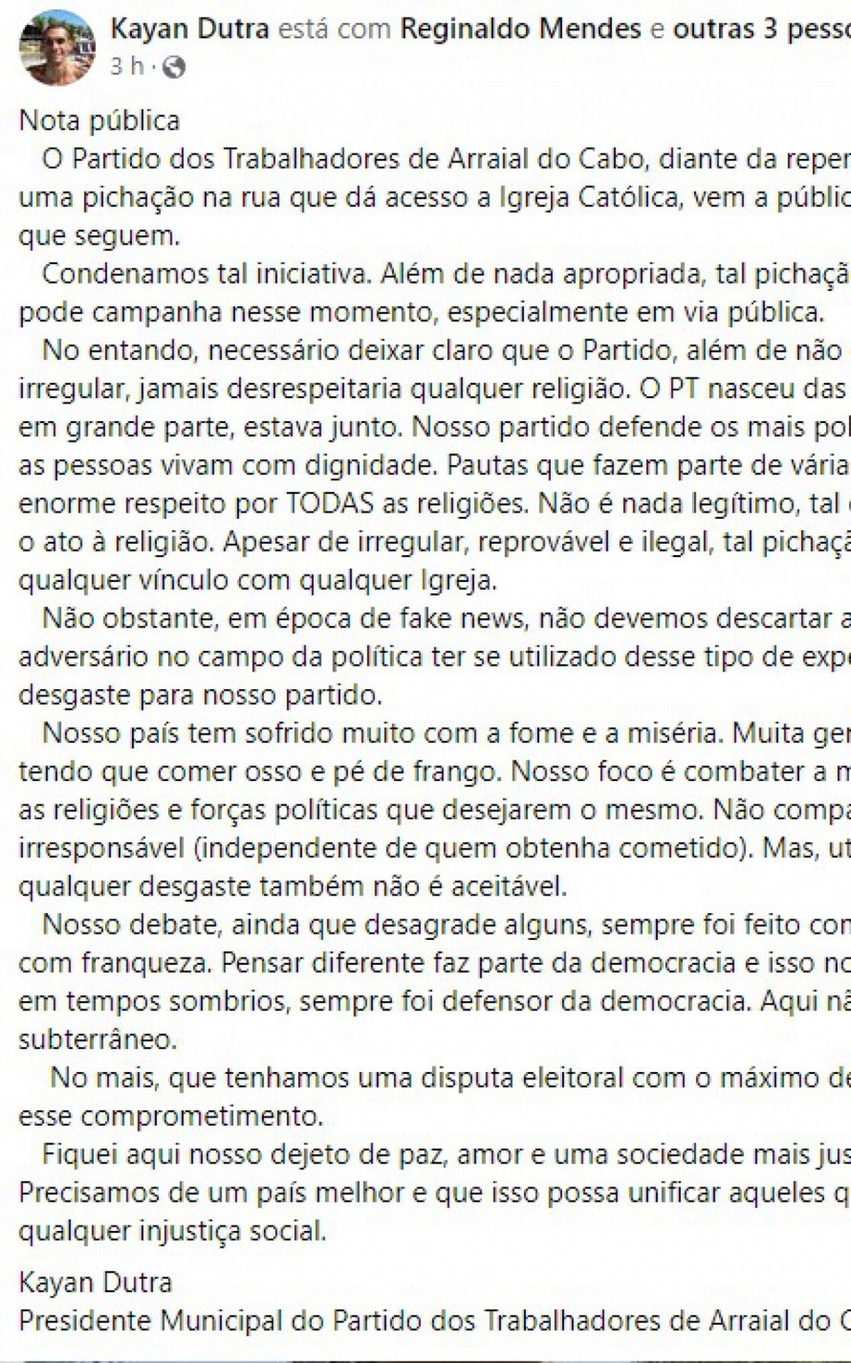 Partido dos Trabalhadores de Arraial do Cabo publicou nota negando autoria 