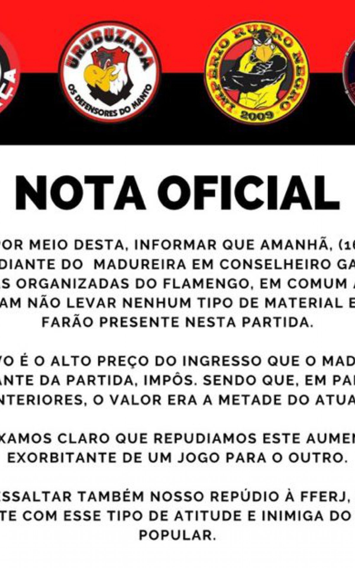 Nota das torcidas organizadas do Flamengo sobre os valores dos ingressos para o confronto contra o Madureira