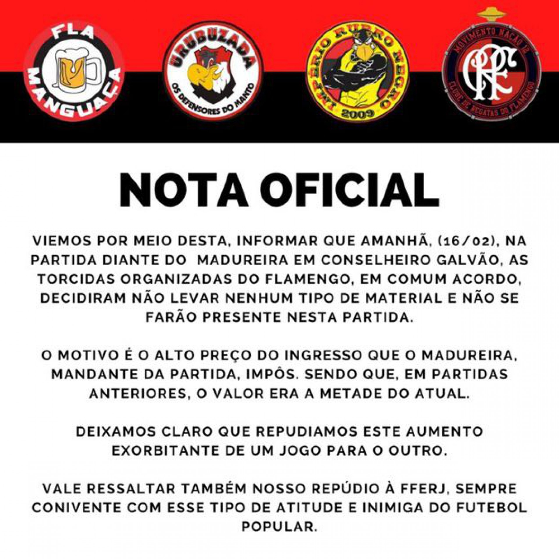 Nota das torcidas organizadas do Flamengo sobre os valores dos ingressos para o confronto contra o Madureira - Reprodução