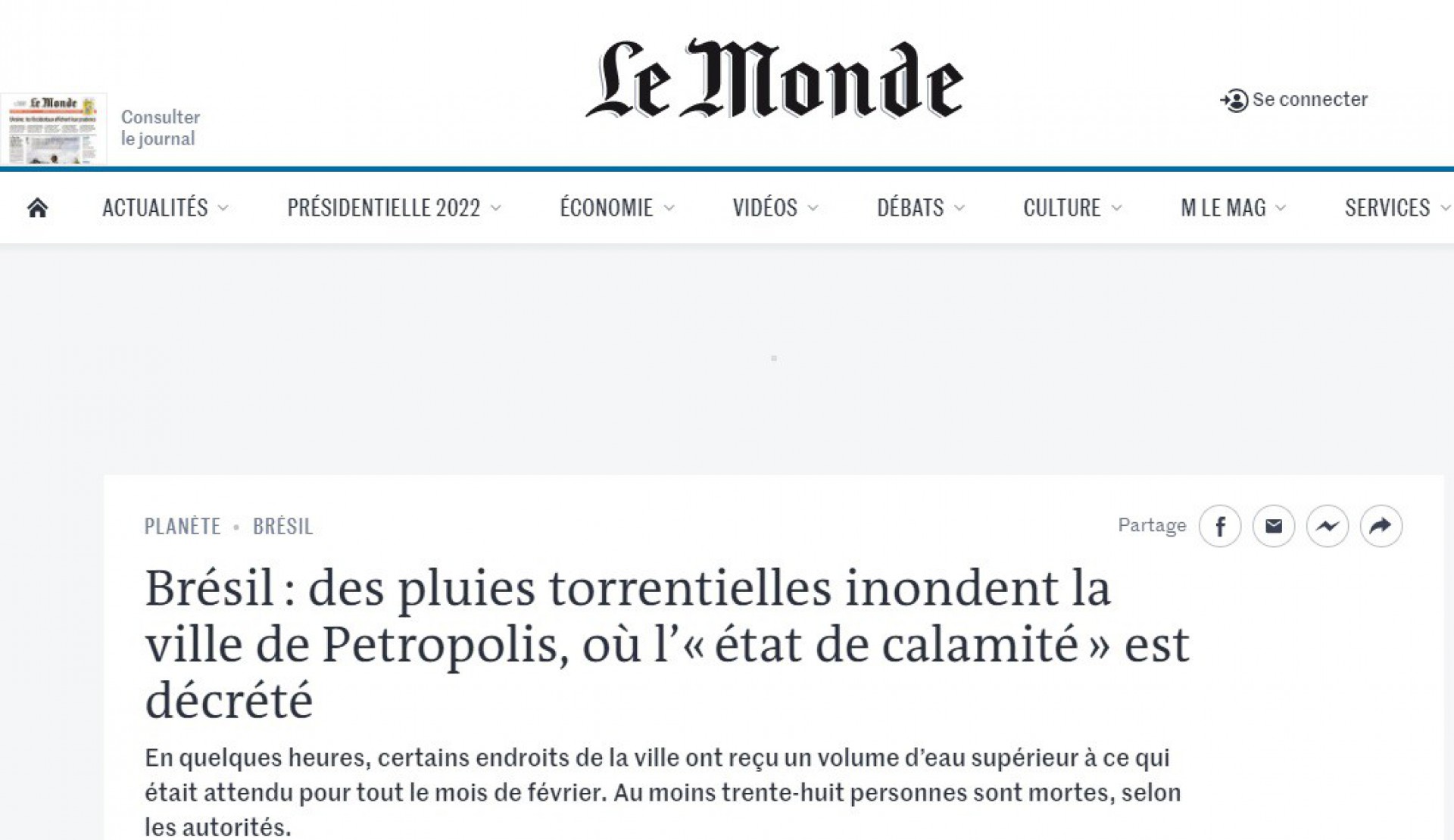 O jornal Le Monde, principal jornal da França, deu espaço para a tragédia em Petrópolis - REPRODUÇÃO INTERNET