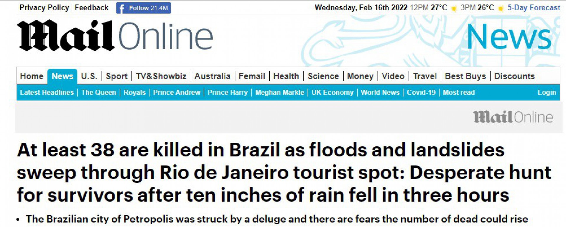O diário britânico Daily Mail repercutiu as mortes em Petrópolis - REPRODUÇÃO INTERNET