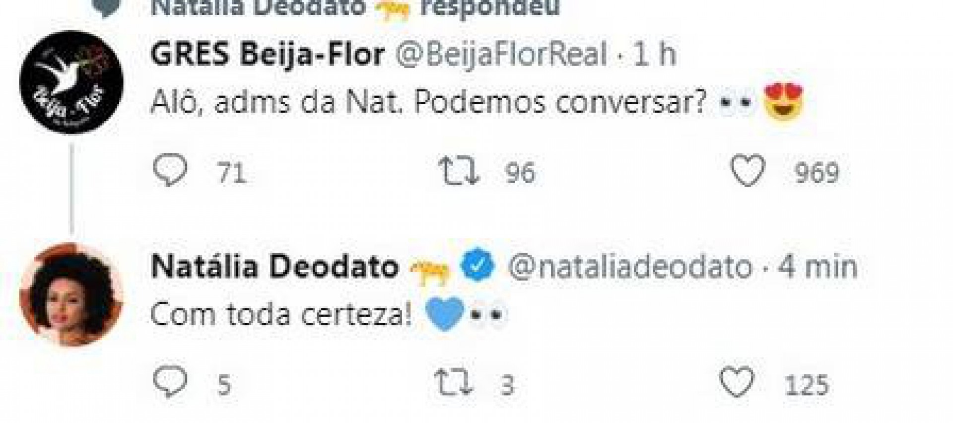 Equipe da Beija-Flor entra em contato com os administradores de Natália Deodato no Twitter - Reprodução Internet