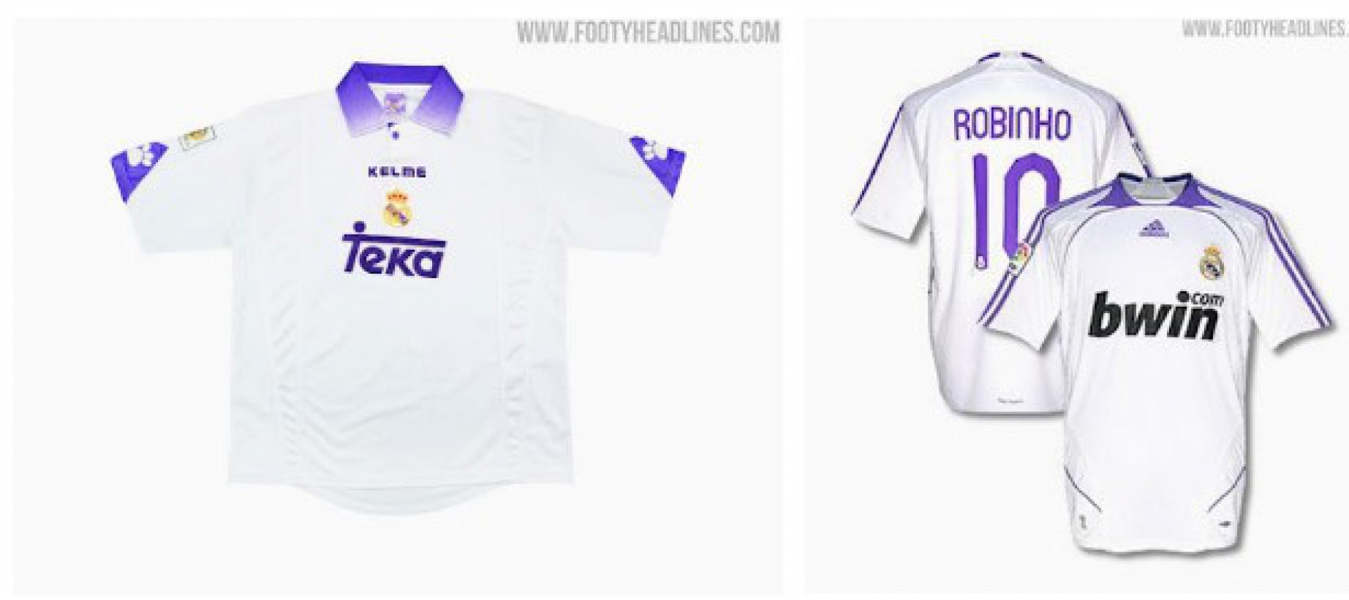 Camisas do Real Madrid de 97/98 (a esquerda) e 07/08 (a direita) - Reprodução/Footy Headlines