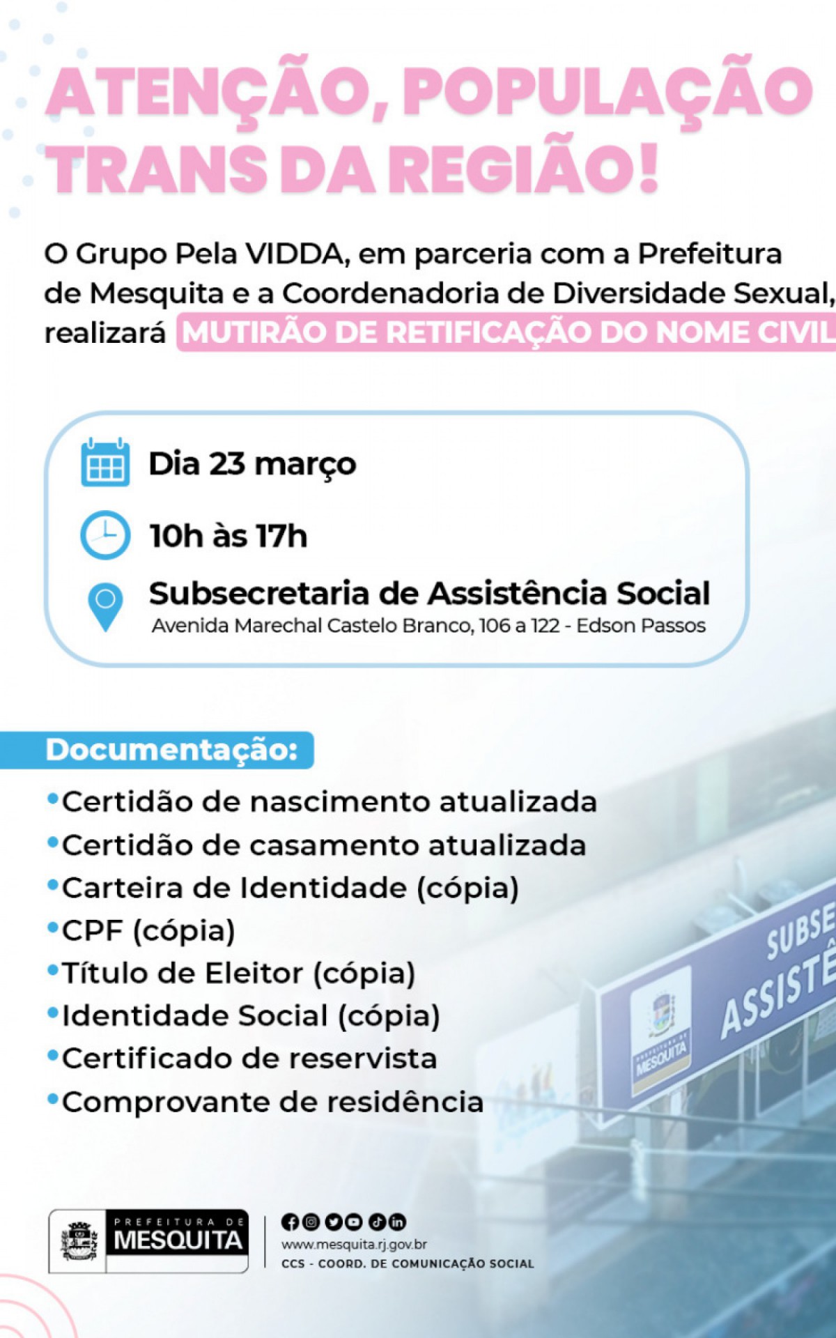 Mutir&atilde;o de retifica&ccedil;&atilde;o civil para pessoas trans acontece nesta quarta (23) em Mesquita