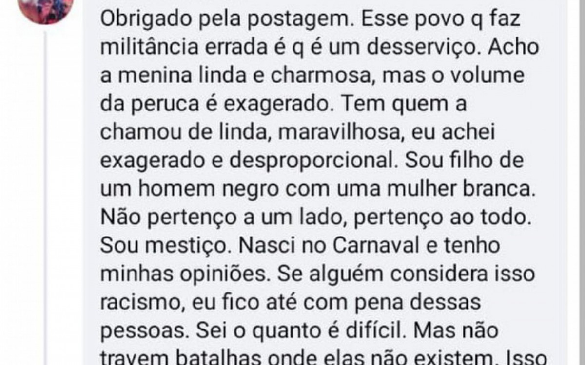 Perfil faz coment&aacute;rio de cunho racista em publica&ccedil;&atilde;o onde a passista Larissa Reis aparece sambando