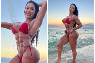 Gracyanne Barbosa mostra os músculos em banho de chuveirinho na praia