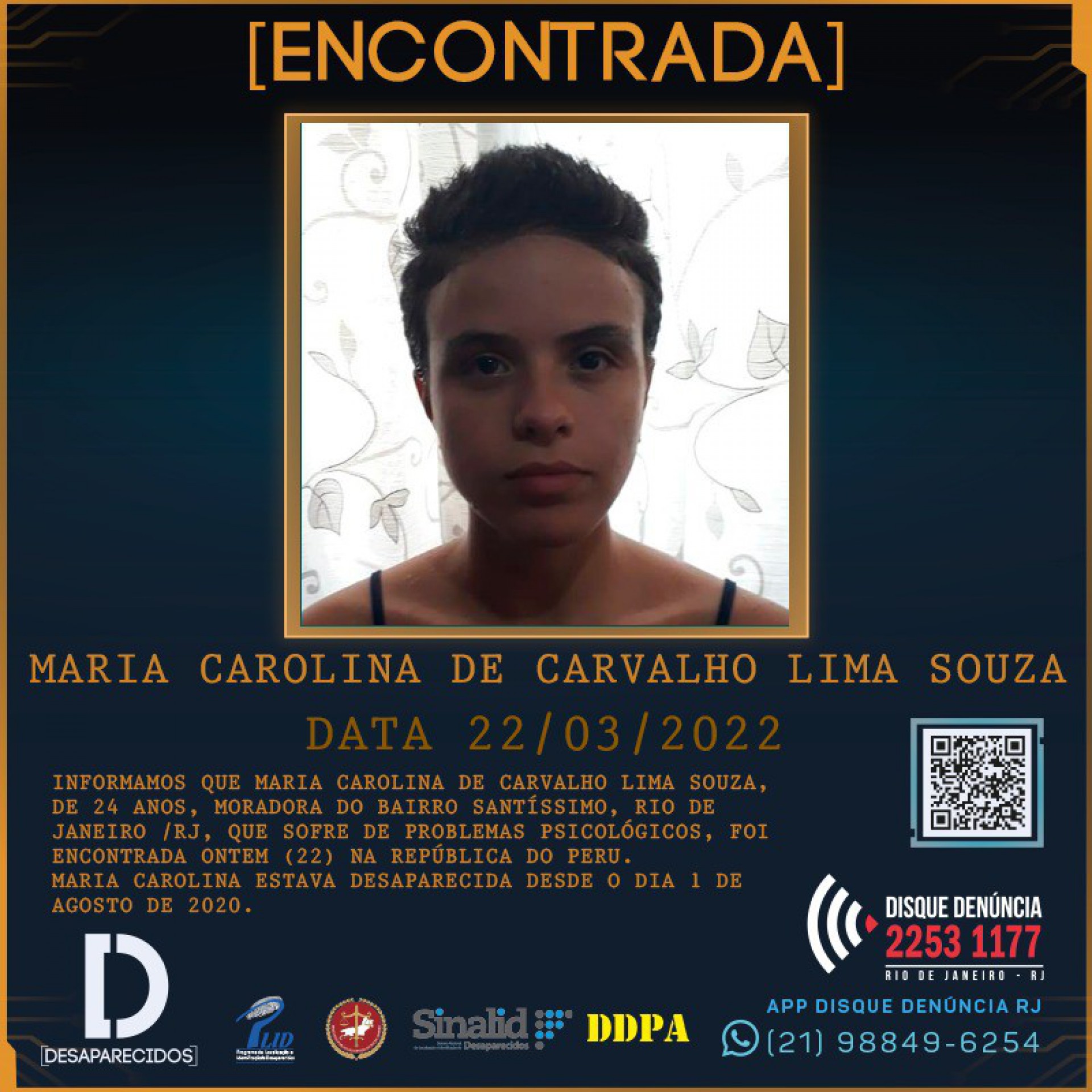 Jovem está internada no Hospital Regional Docente de Trujillo, no Peru - Divulgação/Disque Denúncia