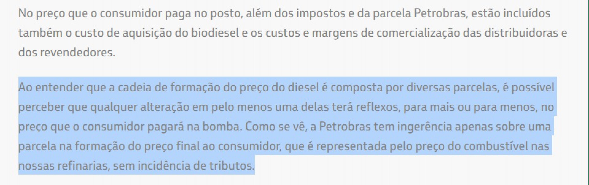 Trecho em site da Petrobras explica que participação da empresa na formação do preço da gasolina se refere a apenas uma parcela do preço total - Reprodução
