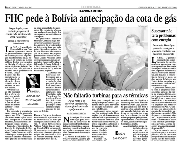 Reprodu&ccedil;&atilde;o da p&aacute;gina B4 do jornal O Estado de S. Paulo de 27 de junho de 2001. Fonte: Acervo Estad&atilde;o - Reprodu&ccedil;&atilde;o