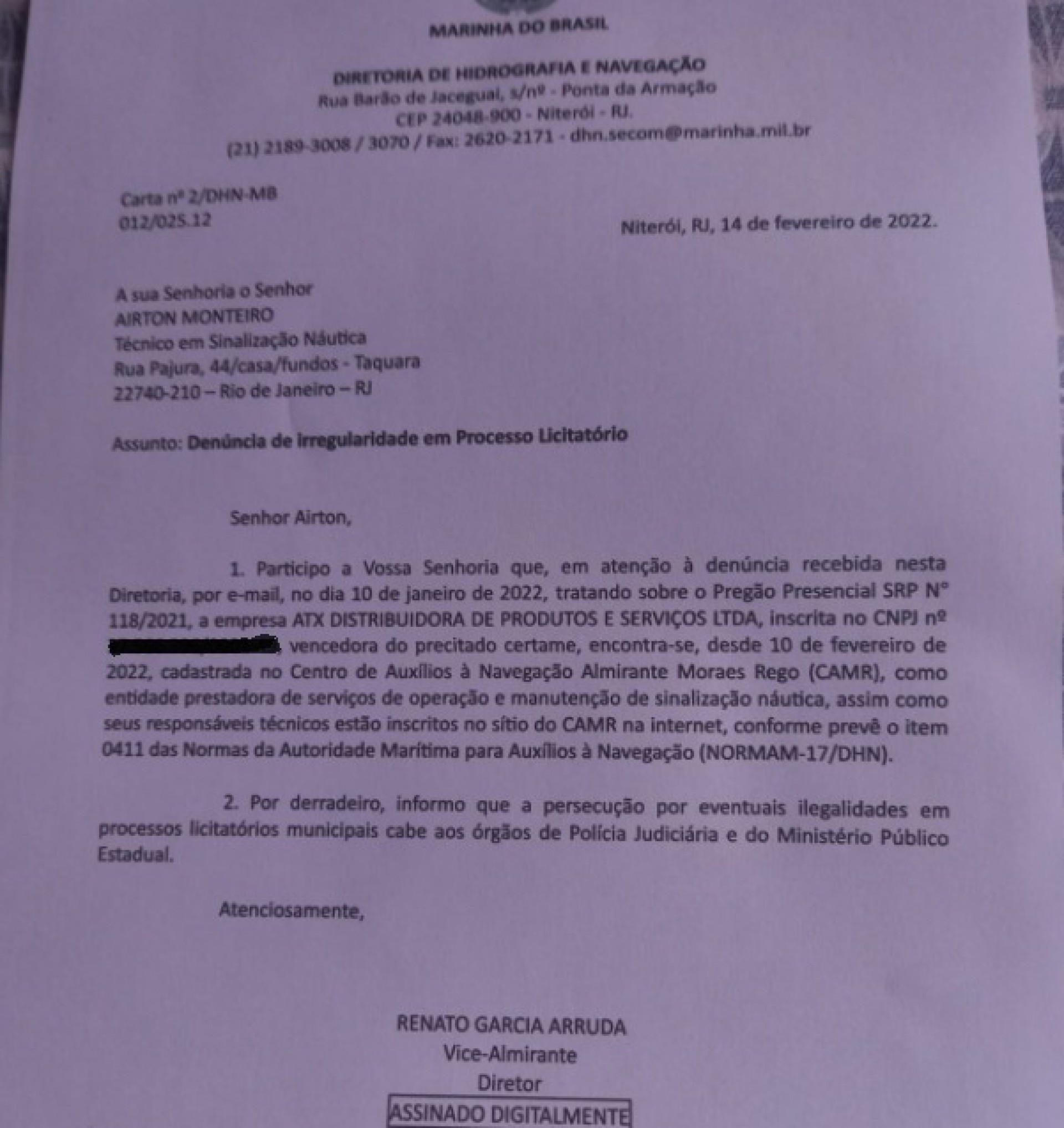 Empresário denuncia fraude em licitação da Prefeitura de Araruama para manutenção de boias na lagoa
 - Print/ doc - Luiz Felipe Rodrigues (RC24h)