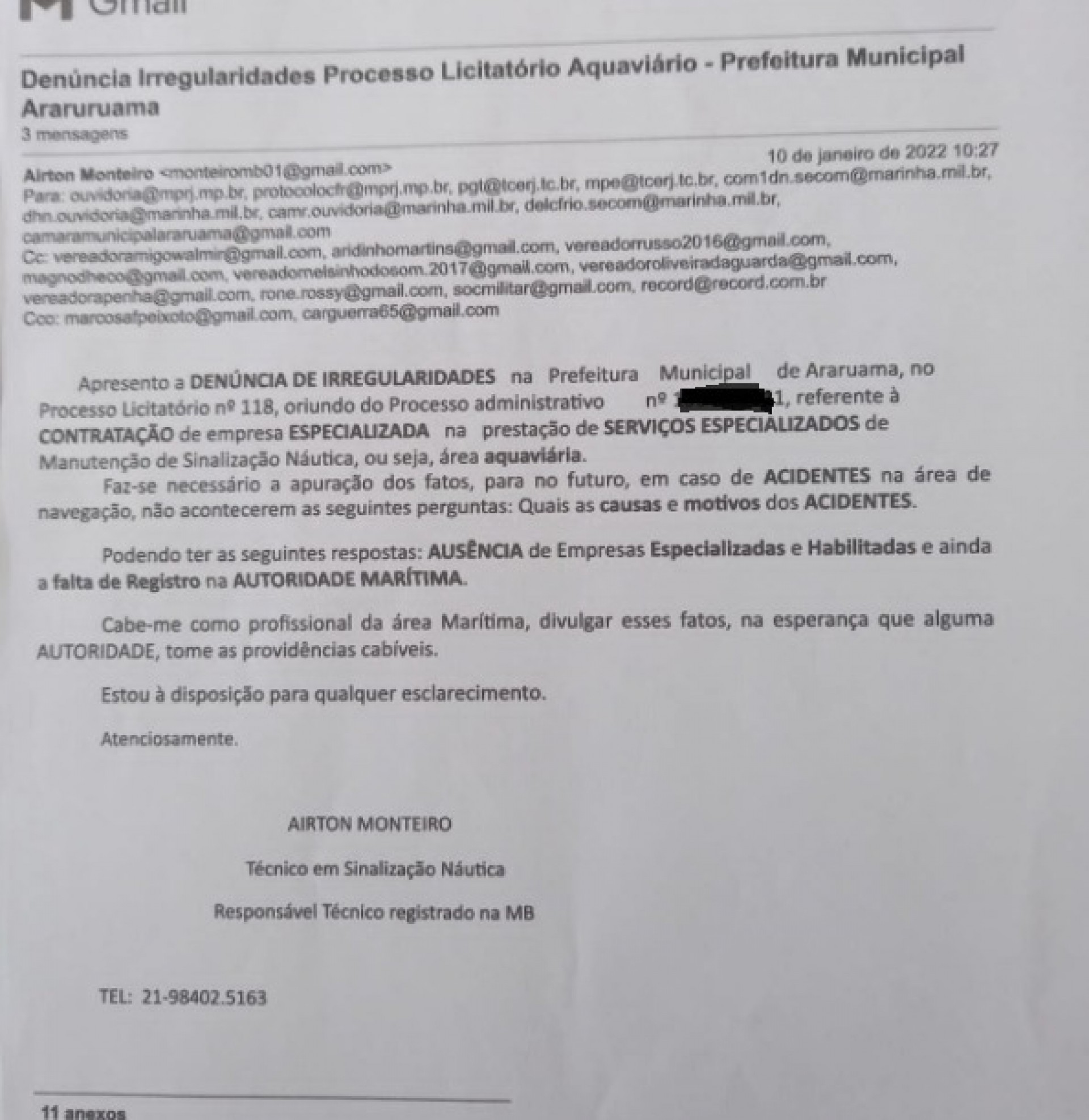 Empres&aacute;rio denuncia fraude em licita&ccedil;&atilde;o da Prefeitura de Araruama para manuten&ccedil;&atilde;o de boias na lagoa  - Print/ doc - Luiz Felipe Rodrigues (RC24h)