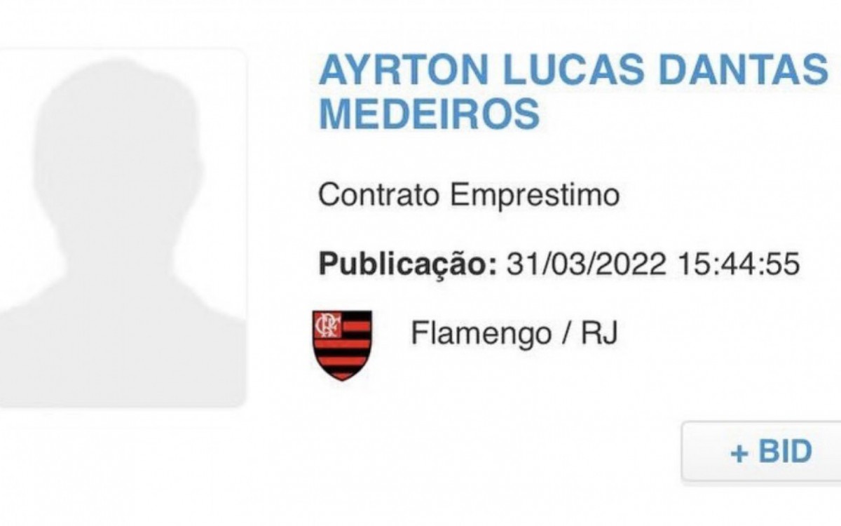 Ayrton Lucas &eacute; registrado no Boletim Informativo Di&aacute;rio (BID) da Confedera&ccedil;&atilde;o Brasileira de Futebol (CBF)