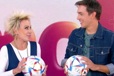 Ana Maria Braga se anima com repórter esportivo ao ver a bola oficial da Copa do Mundo 2022
