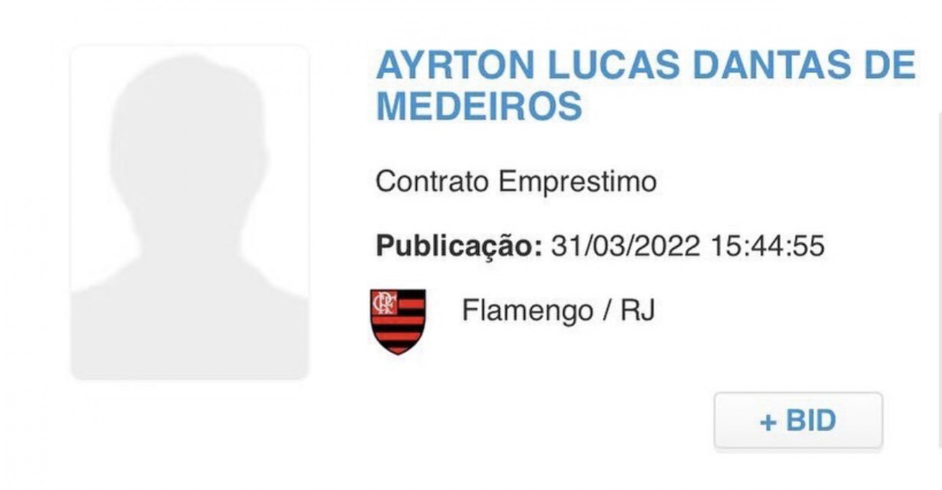 Ayrton Lucas é registrado no Boletim Informativo Diário (BID) da Confederação Brasileira de Futebol (CBF) - Reprodução