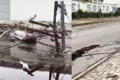 Poste cai no meio da rua e causa congestionamento na entrada de Belford Roxo