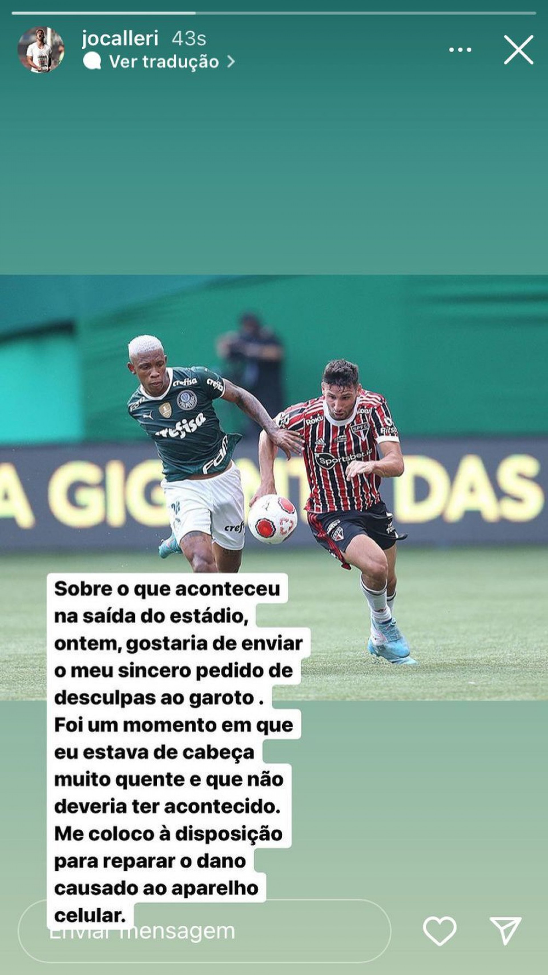 Calleri se desculpa após derrubar o celular de atleta da base do Palmeiras - Reprodução