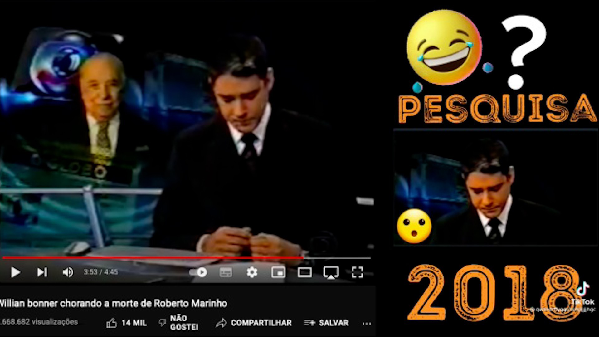 À esquerda, imagem da reportagem original de 7 de agosto de 2003, em que Bonner lamenta a morte de Roberto Marinho. À direita, imagem editada utilizada pelo vídeo verificado pelo Comprova - Reprodução