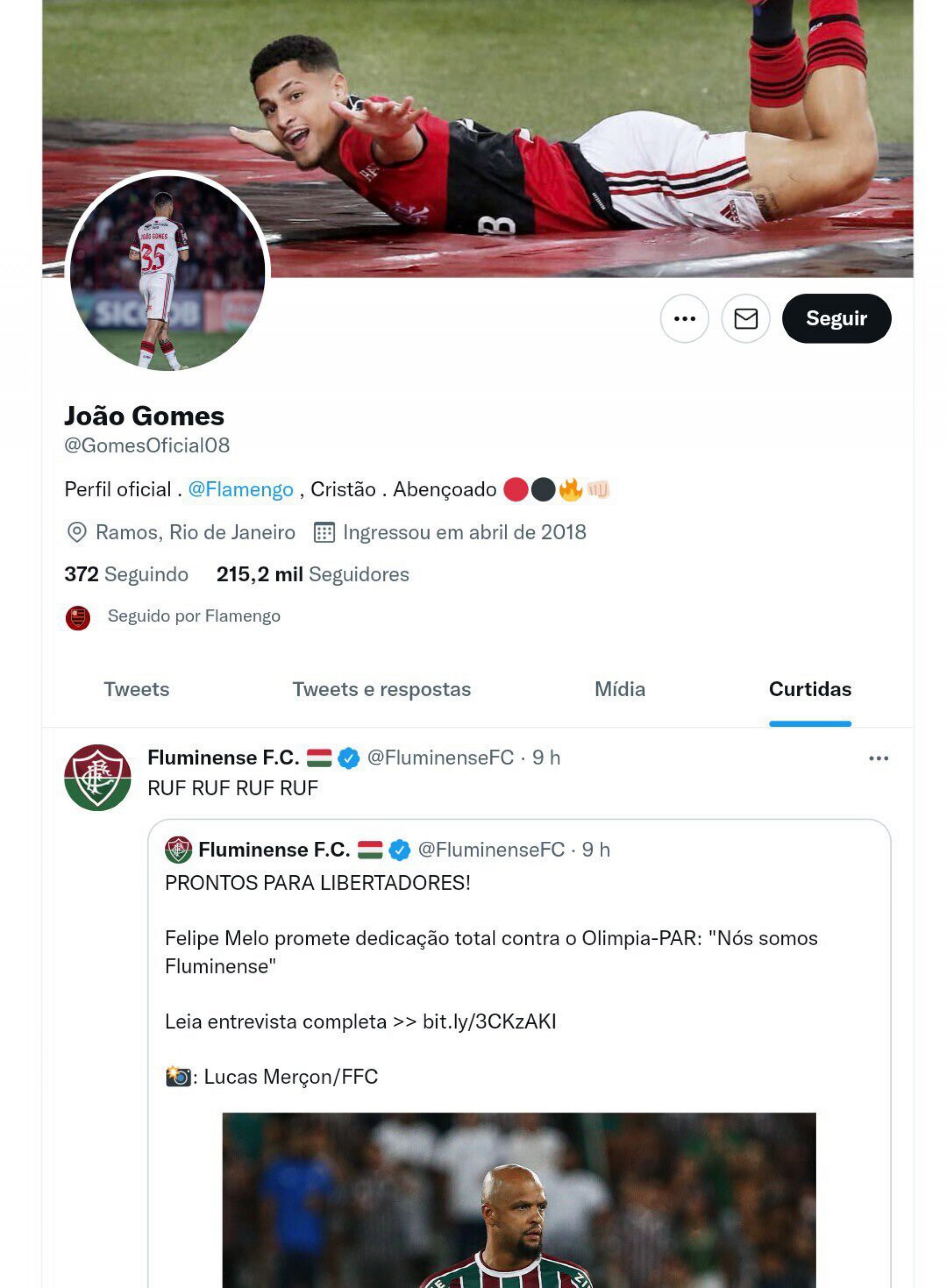João Gomes, do Flamengo, curtiu uma publicação do Fluminense após a eliminação na Libertadores - Foto: Reprodução/Twitter