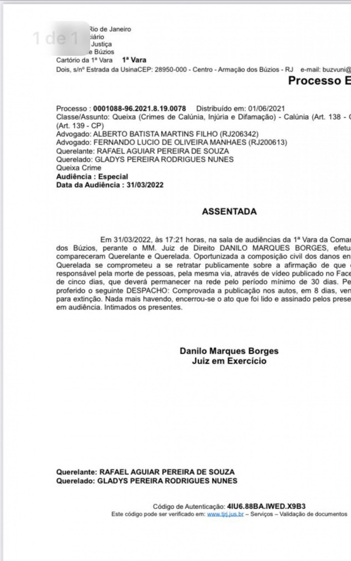 Decis&atilde;o do juiz Danilo Marques do &uacute;ltimo dia 31/3