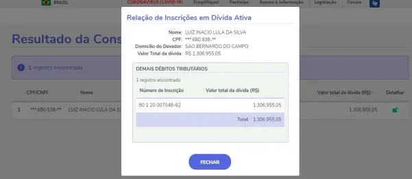 Site do governo federal mostra Lula como inscrito na Dívida Ativa da União - Reprodução