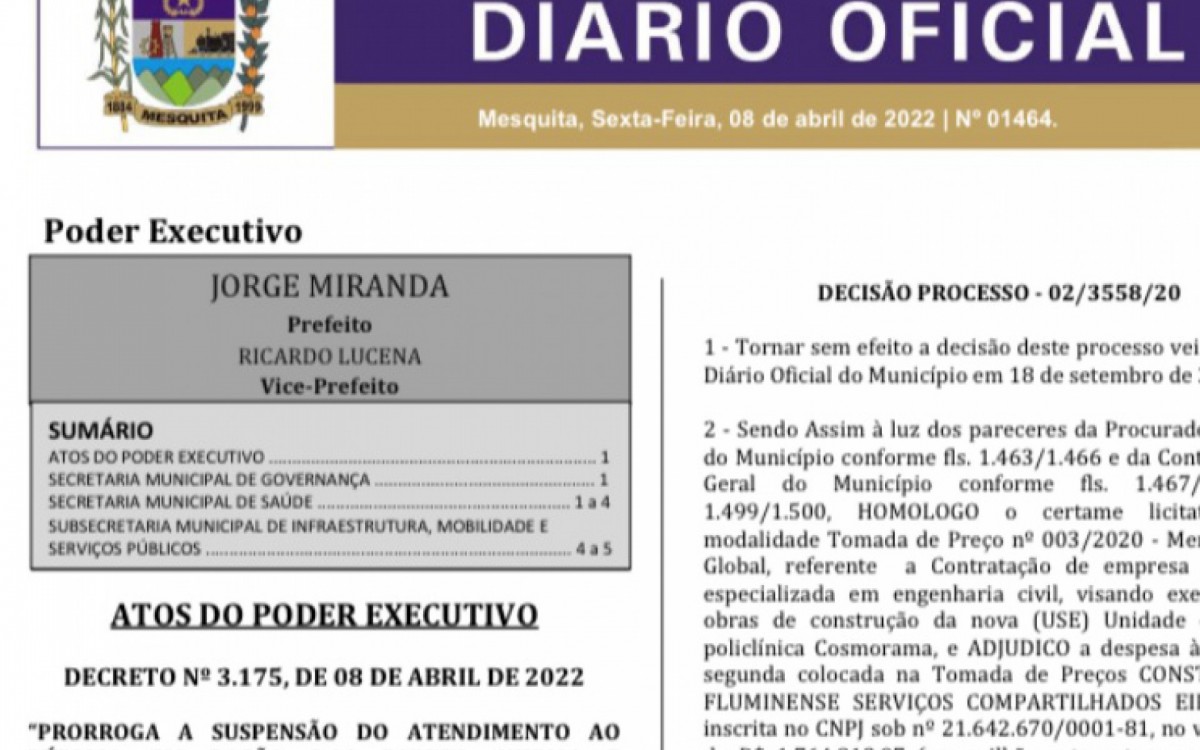 Trecho do Di&aacute;rio Oficial de Mesquita, Decreto n&ordm; 3.175, de 8 de abril de 2022