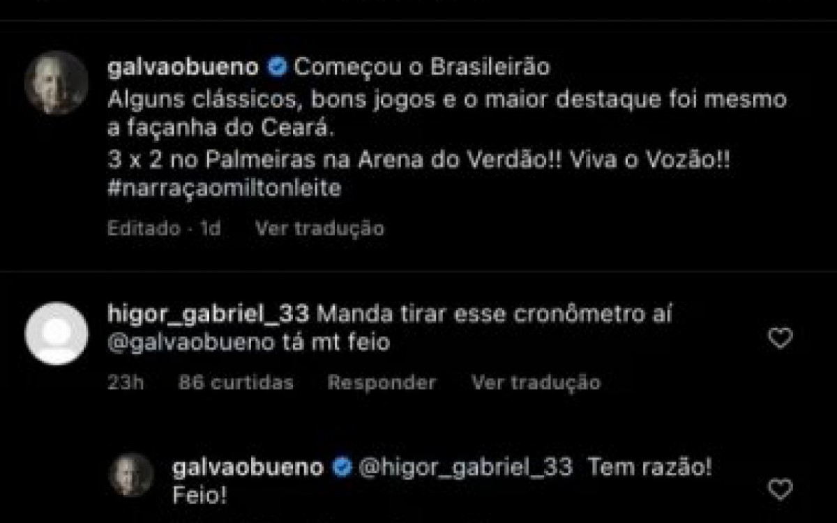 Galv&atilde;o Bueno concorda com cr&iacute;tica de seguidor e detona nova linha do tempo das transmiss&otilde;es