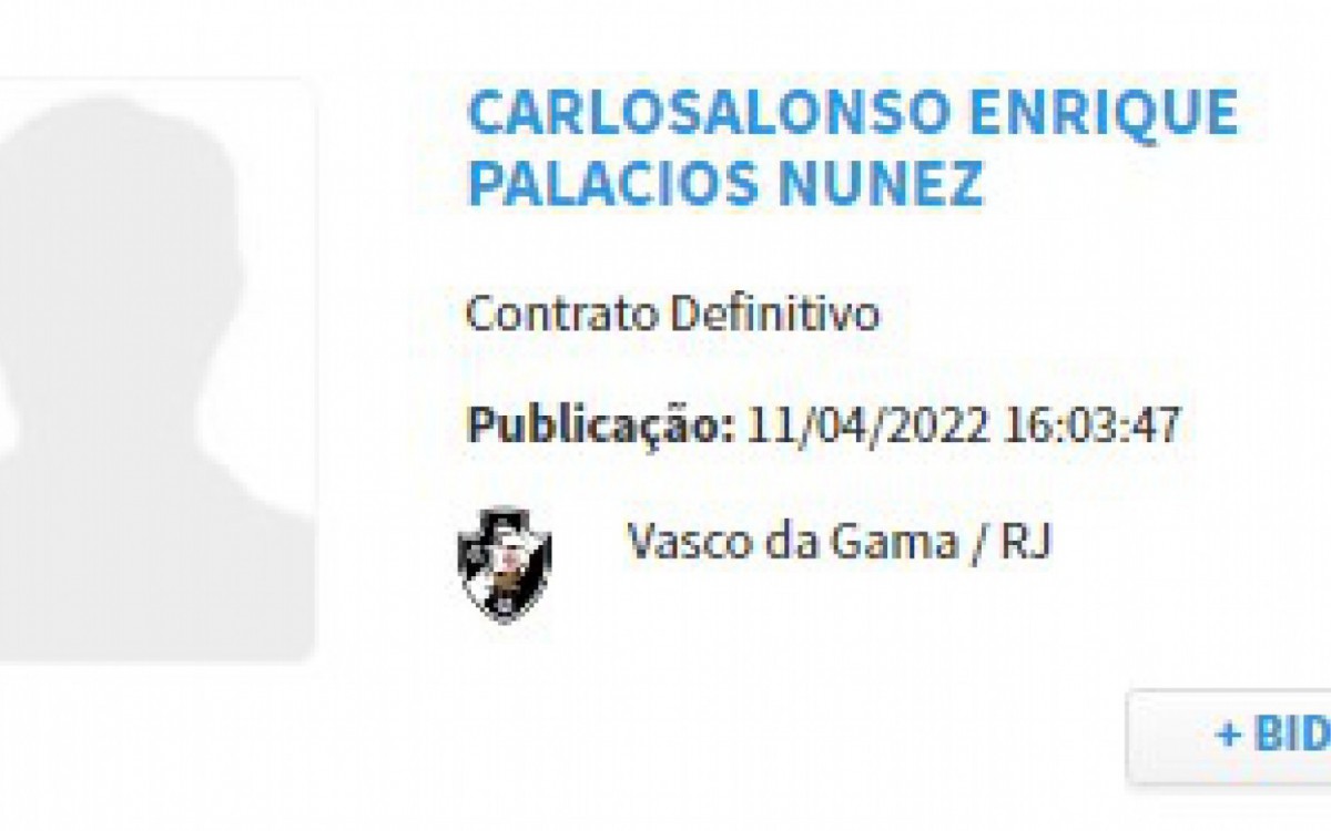 Palacios &eacute; registrado no BID da CBF