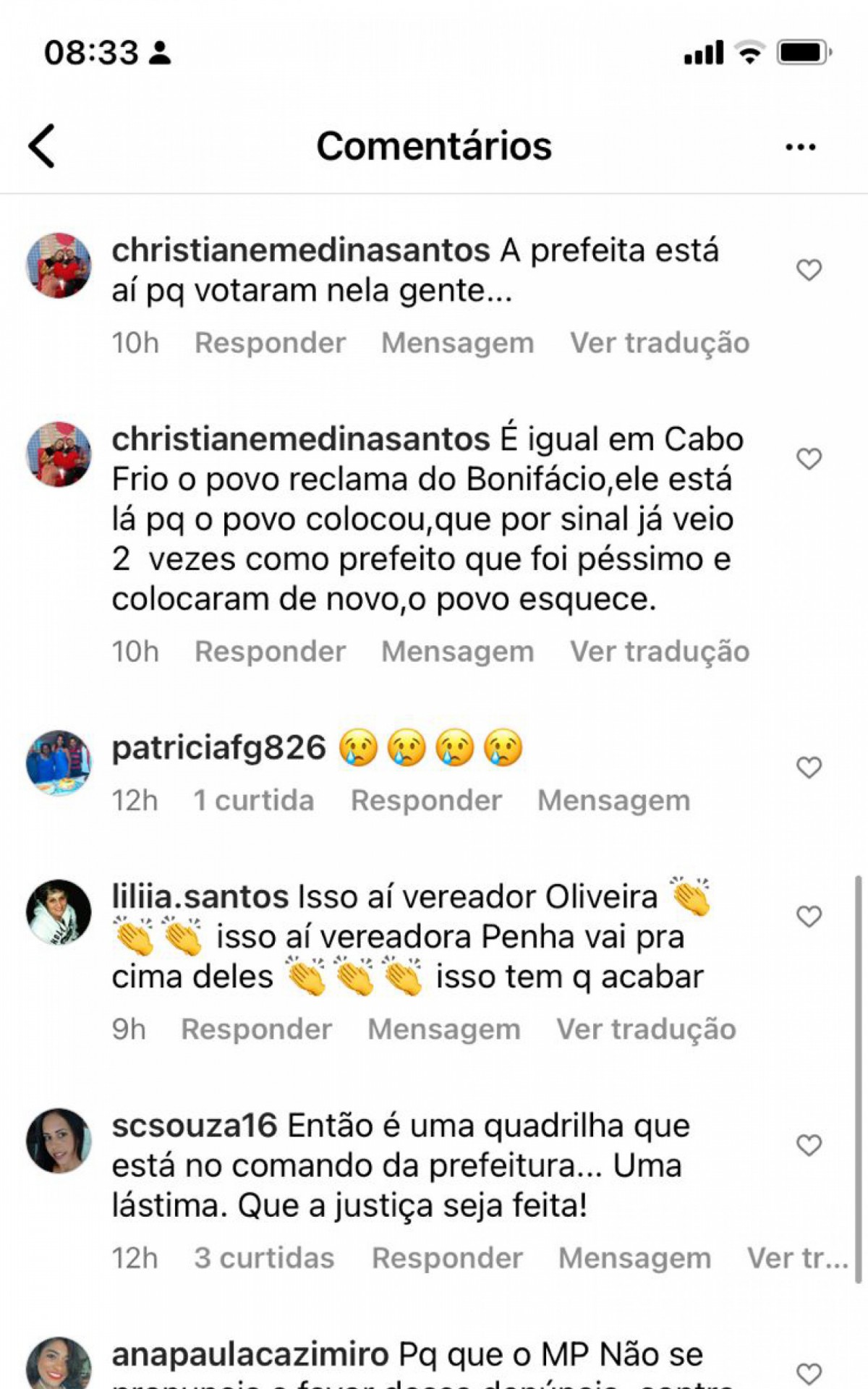 Coment&aacute;rios desaprovando conduta da prefeita L&iacute;via de Chiquinho 