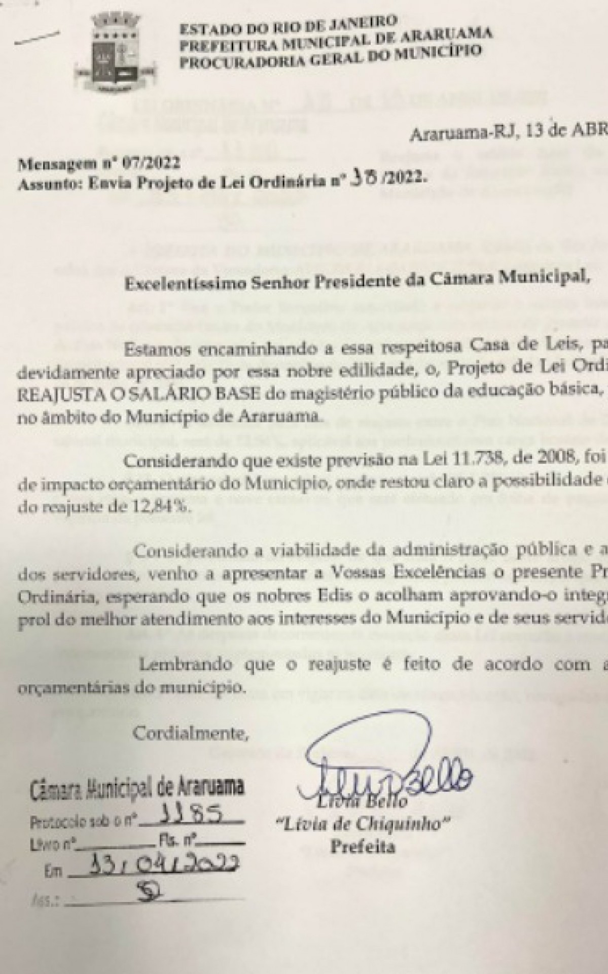 PL protocolado nessa quarta-feira (13) concedendo reajuste