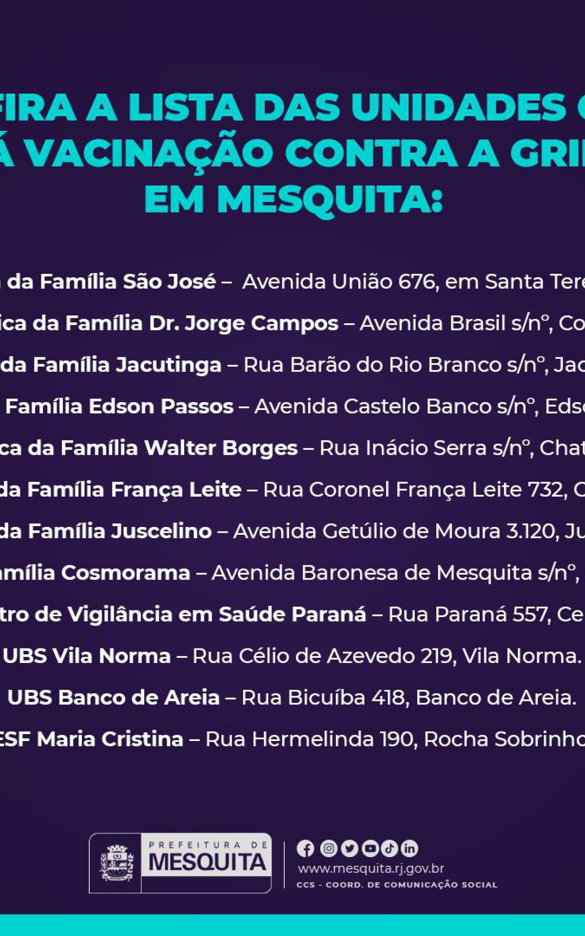 Doses ser&atilde;o aplicadas em todas as unidades municipais de sa&uacute;de de Mesquita