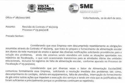 Prefeitura de Volta Redonda encerra contrato com empresa responsável pela merenda escolar