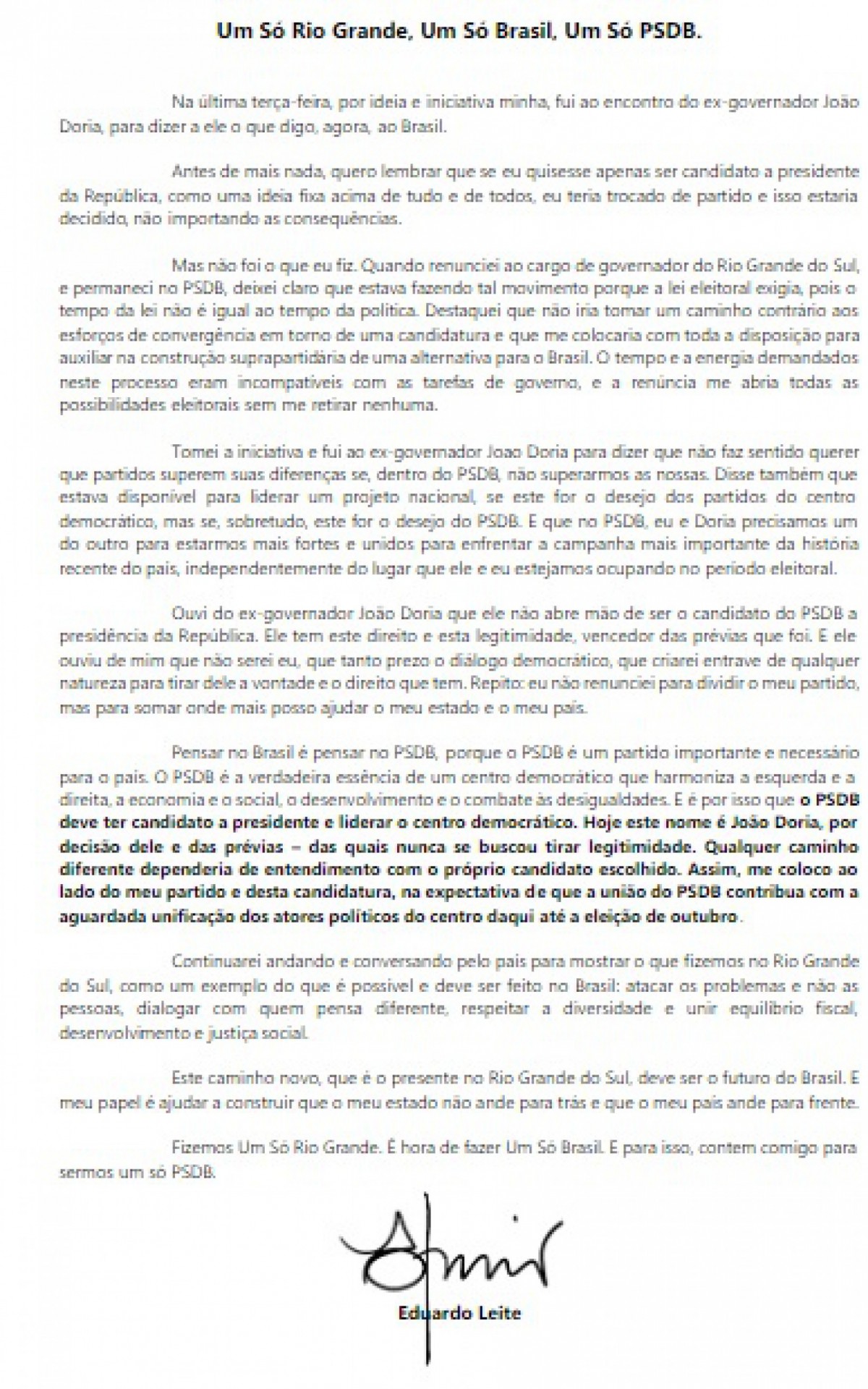 Carta emitida por Eduardo Leite