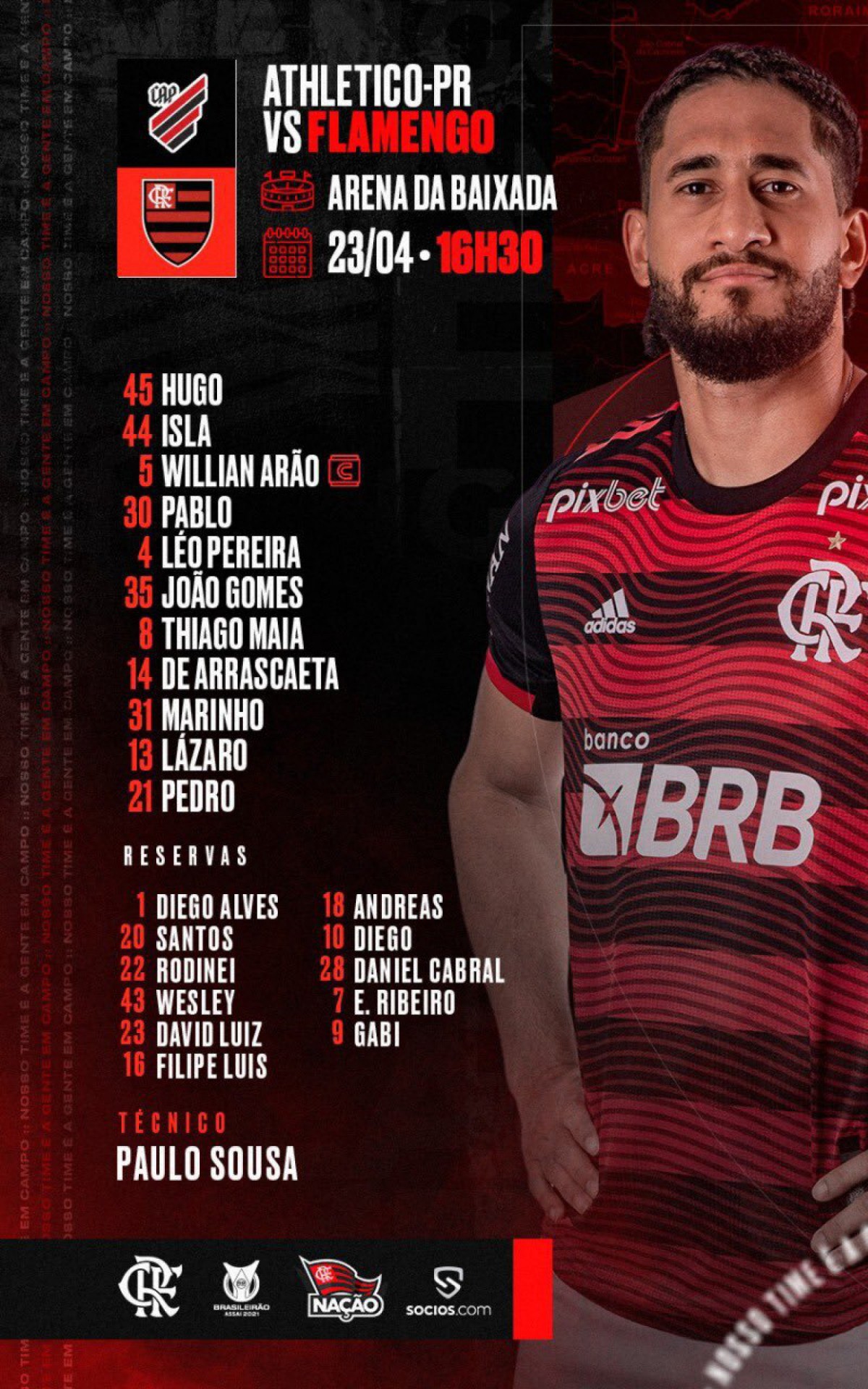 Escalação do Flamengo para enfrentar o Athletico-PR