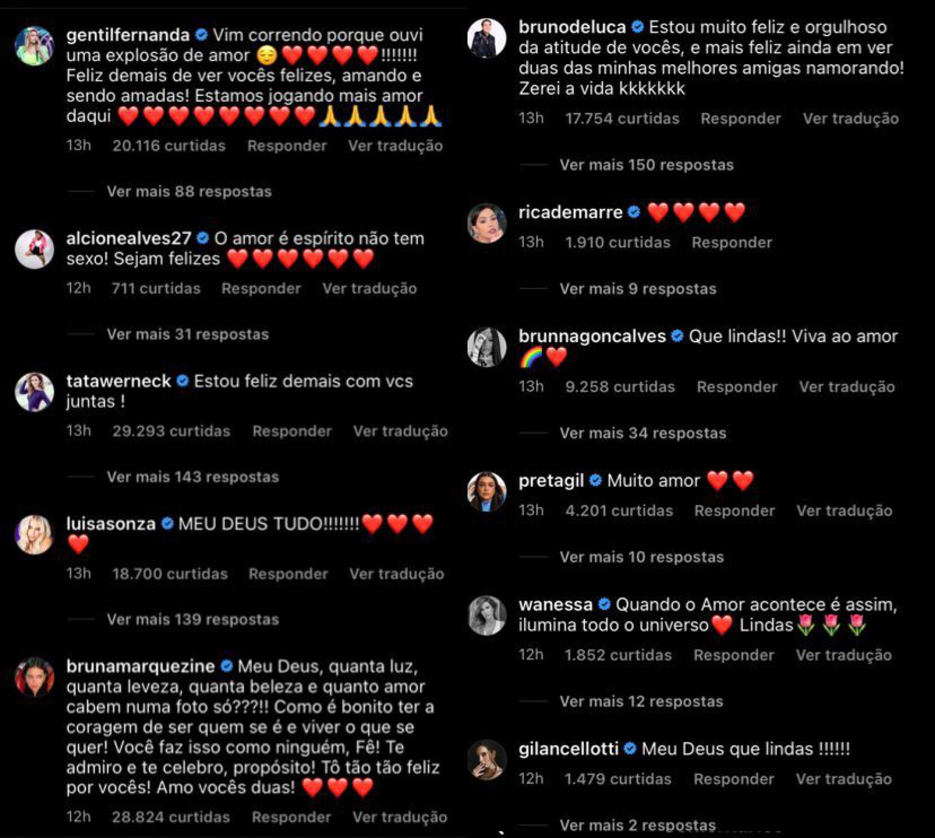 Famosos deixaram comentários de carinho - Reprodução