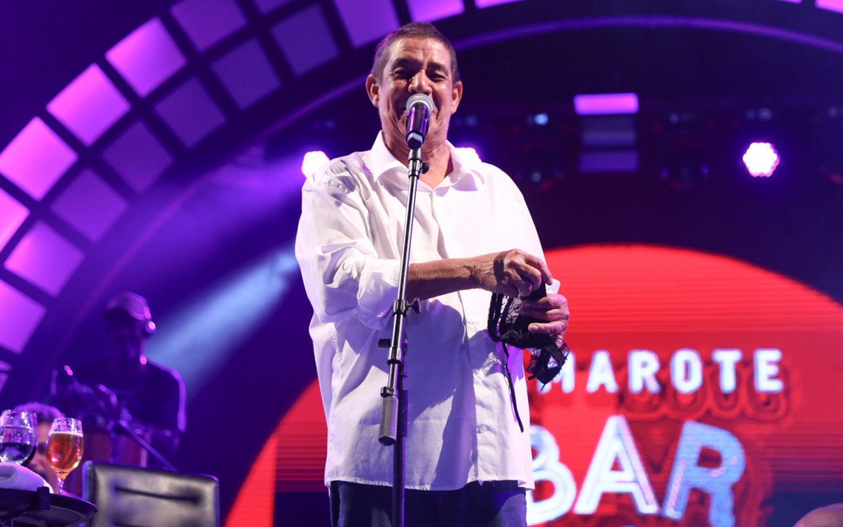 Zeca Pagodinho ganha calcinha de f&atilde; durante show em camarote na Sapuca&iacute;