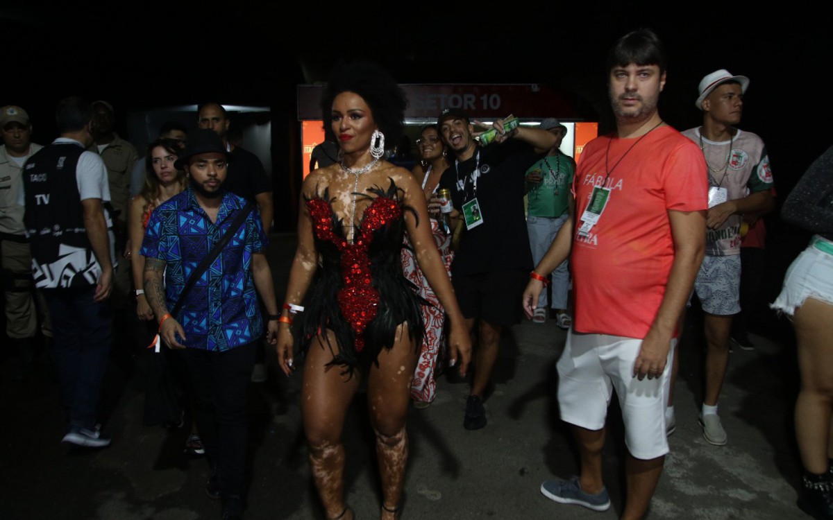 Ex-BBB Natália e Carlinhos Brown se encontraram e deram um longo abraço na Marquês de Sapucaí, neste segundo dia de desfiles do Grupo Especial - Ag. News