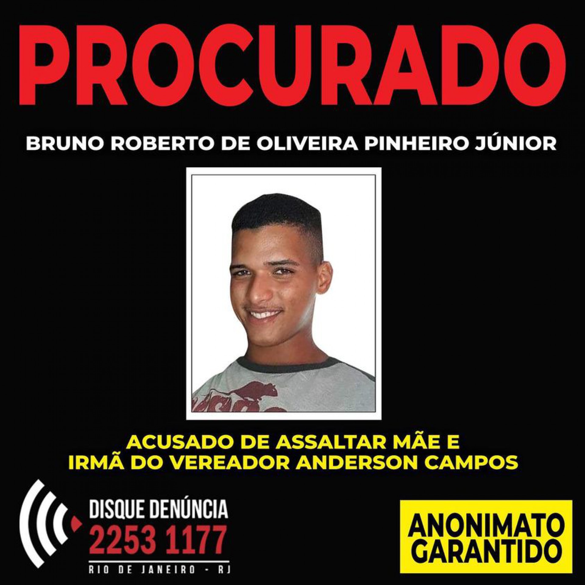 O vereador postou a identificação do ladrão: Bruno Roberto de Oliveira Pinheiro Junior, que foi reconhecido pelas vítimas - Reprodução