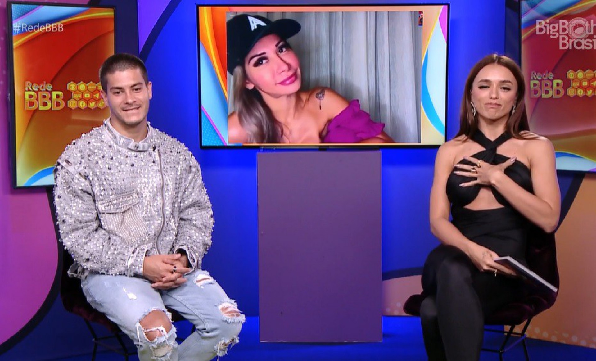 Maíra Cardi, Arthur Aguiar e Rapha Kalimann - reprodução da TV Globo