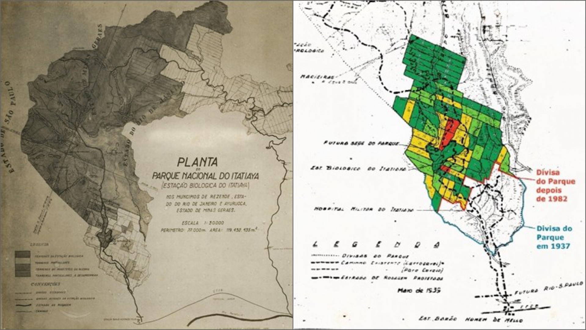 1ª foto: Mapa oficial do PNI, fonte: Jardim Botânico do Rio de Janeiro e datado em 1937; 2ª foto: Versão do mapa apresentada à Justiça Federal. Segundo a AAI, com adulterações. - Divulgação