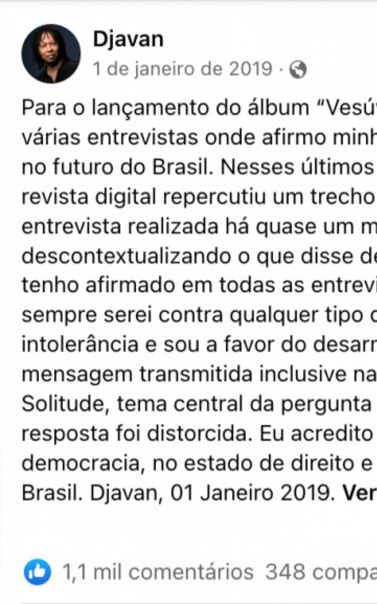 Primeira nota de Djavan desmentindo as postagens enganosas 