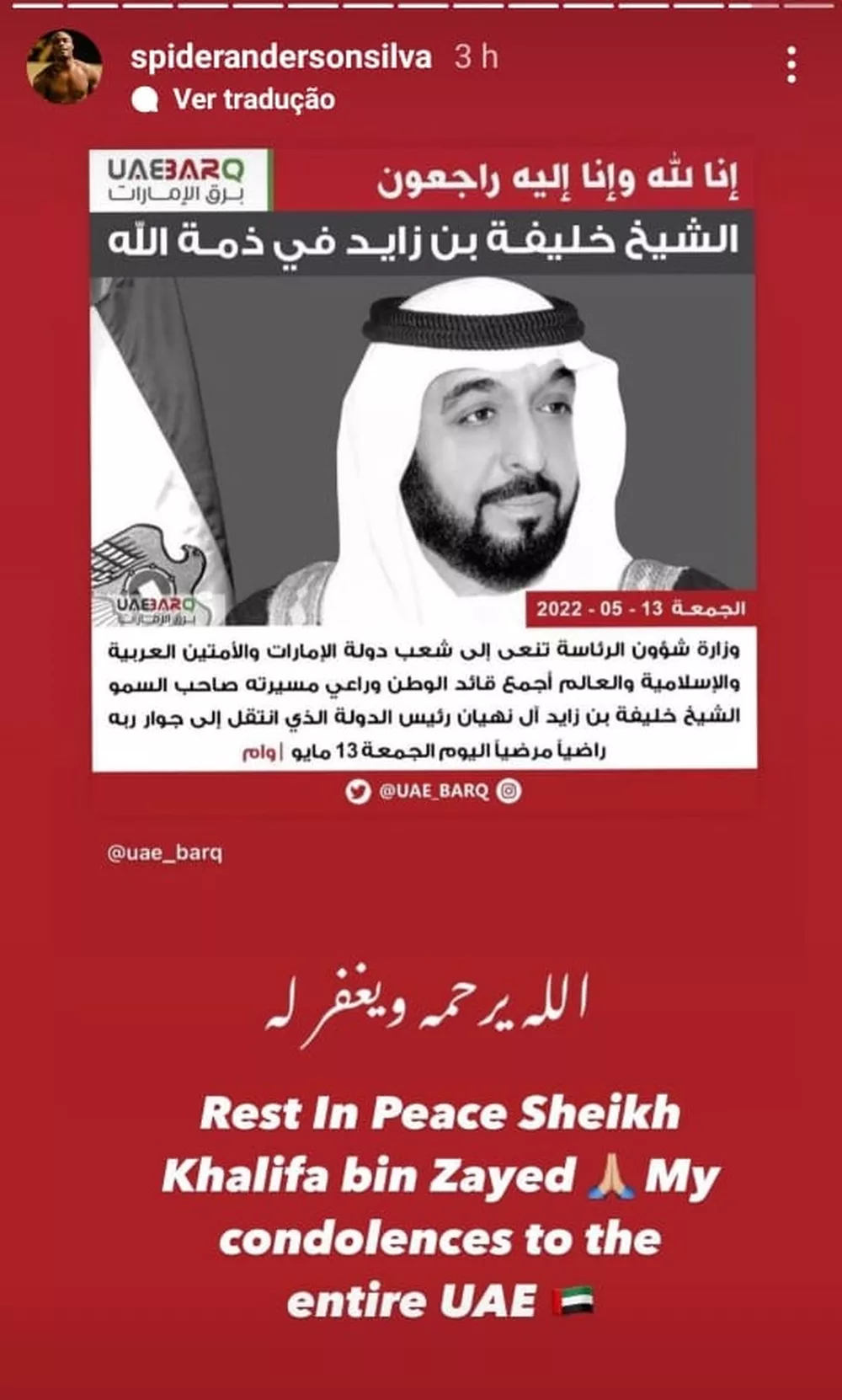 Anderson Silva lamenta a morte do presidente dos Emirados Árabes Unidos - Reprodução/Instagram