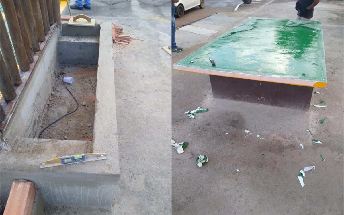 Fotomontagem: do lado esquerdo: o suporte da mesa de ping pong; do lado direito: a mesa de ping pong