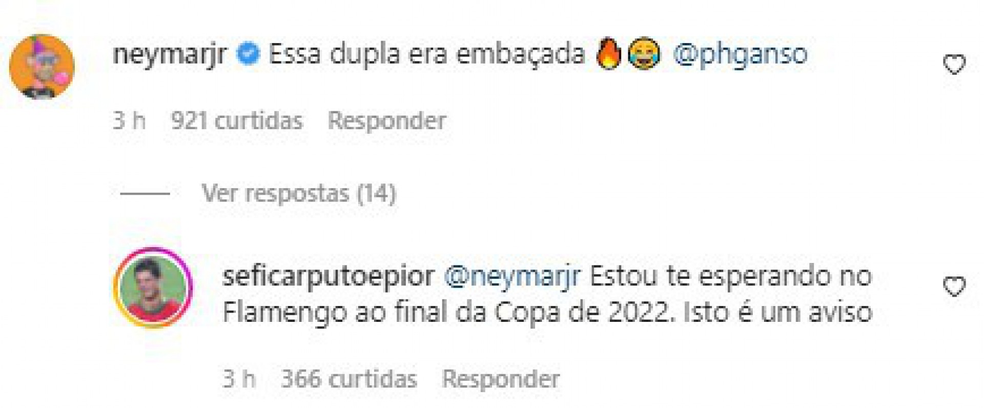 Comentário pedindo a ida de Neymar ao Flamengo após a Copa do Mundo - Reprodução/Instagram