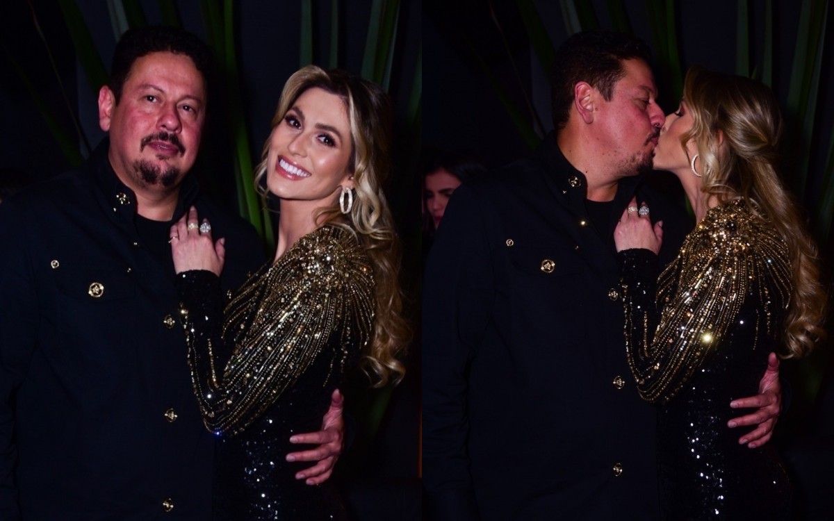 L&iacute;via Andrade troca beijos com o namorado, Marcos Ara&uacute;jo, em festa de lan&ccedil;amento de seu novo programa