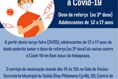 Secretaria de Saúde libera dose de reforço contra Covid-19 para adolescentes de 12 a 17 anos de idade
