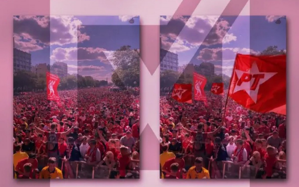 Postagens atribuem evento da torcida do Liverpool, em Paris, a manifestação pró-Lula para fazer humor  - Arte/Comprova