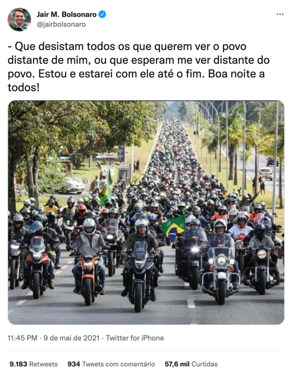 Print de tuíte de Jair Bolsonaro no dia 9 de maio de 2021 - Reprodução